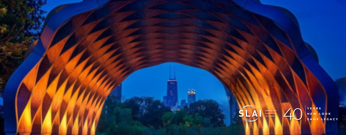 A outdoor music bandshell with the Chicago skyline in the background.